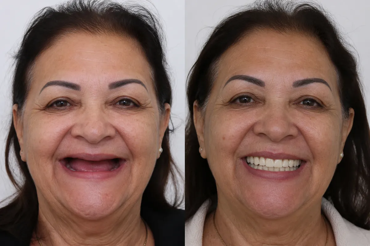 Dona Marlene, paciente da Clinica ODOMED, antes e depois da prótese protocolo fixa sobre implantes